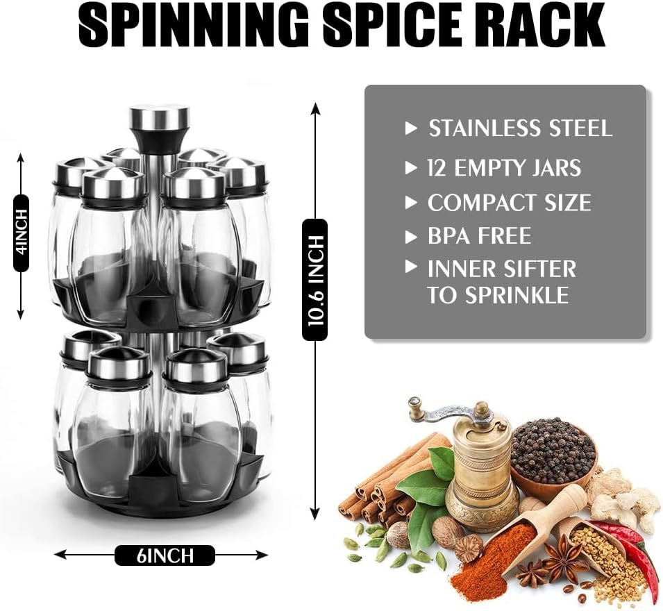 Revolving spice rack organizer with 12 glass jars, rotating countertop storage for kitchen spices and herbs