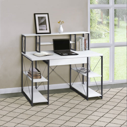 Sleek black office desk with open shelves, hutch, and drawer—features wood surface and sturdy metal sled base, ideal for organized home office or studio workspace
