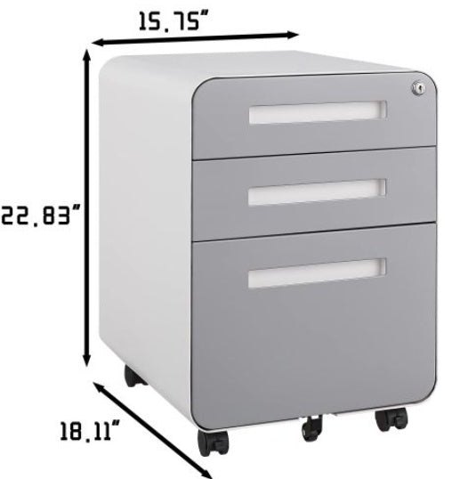 Modern 3-drawer mobile filing cabinet in white and grey cold-rolled steel, with central lock, full-extension drawers, and 5-wheel base—fits A4, letter, and legal files, ideal for home or office use.