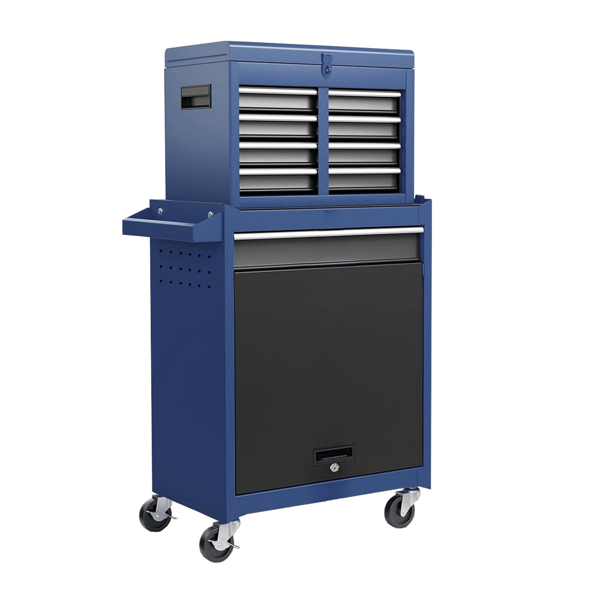 Mobile auto repair tool cart with multiple drawers and top toolbox, sturdy iron frame, and smooth wheels for easy movement in workshop
