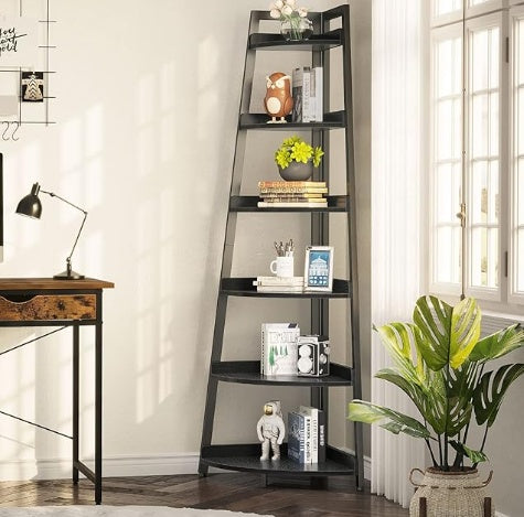 Roland Star 6-tier A-shaped corner shelf with fenced wooden shelves and black metal frame, ideal for books, plants, and decor storage in compact living spaces