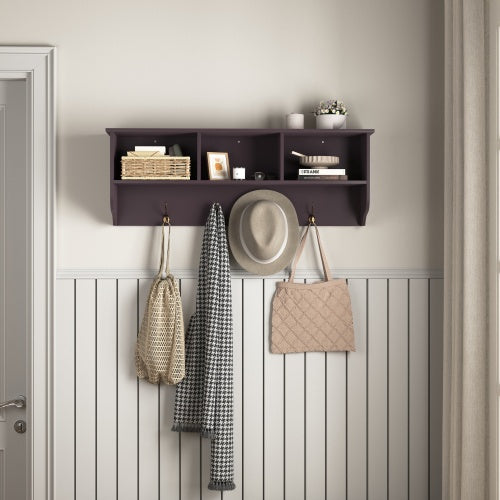 Espresso wall-mounted coat rack with shelf, 4 dual hooks, and 3 open cubbies for entryway storage and organization