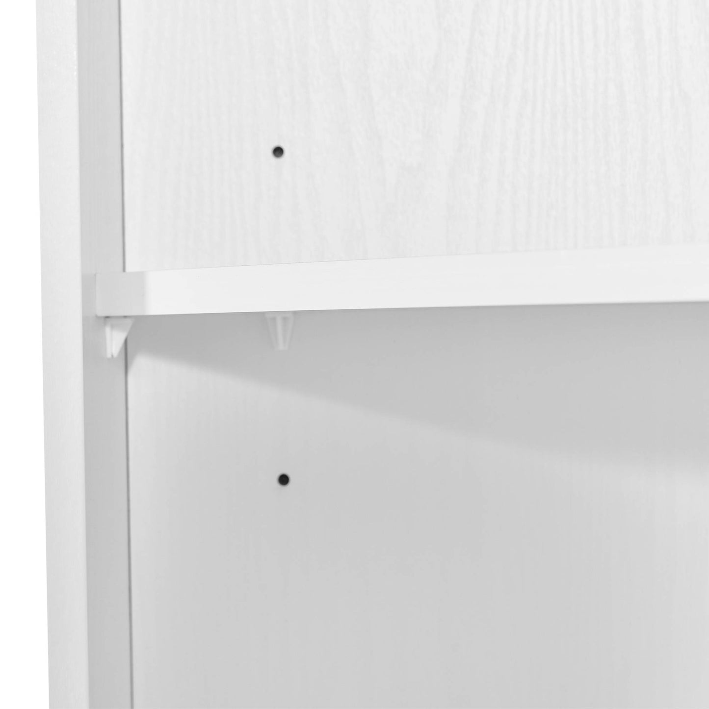 Tall white corner bathroom cabinet with triangular design, double doors, and adjustable interior shelves, fits neatly into small spaces for organized storage of toiletries and essentials