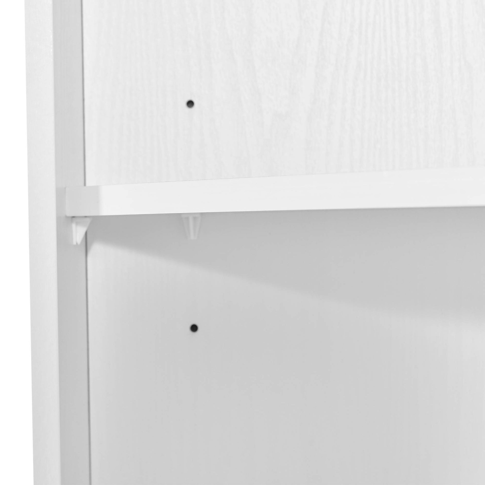 Tall white corner bathroom cabinet with triangular design, double doors, and adjustable interior shelves, fits neatly into small spaces for organized storage of toiletries and essentials