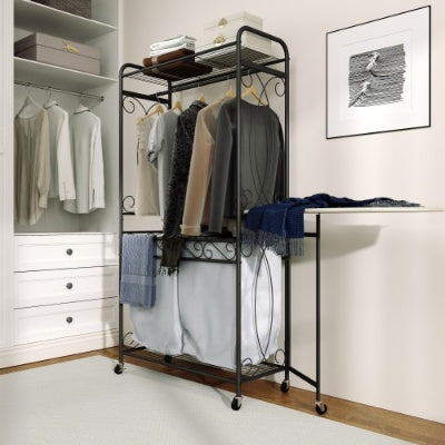 Multi-functional laundry hamper organizer with metal frame, storage shelves, hanging rail, and rolling wheels—space-saving design for laundry rooms, bedrooms, or bathrooms