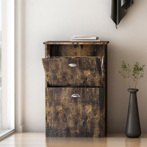 Vintage slim shoe cabinet with two flip drawers in compact wood design, ideal for entryway or hallway storage