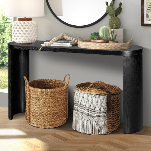 60-inch entryway table with thick wooden top and elegant curved legs, featuring flexible inward and outward installation, ideal for sofas, hallways, and entryways