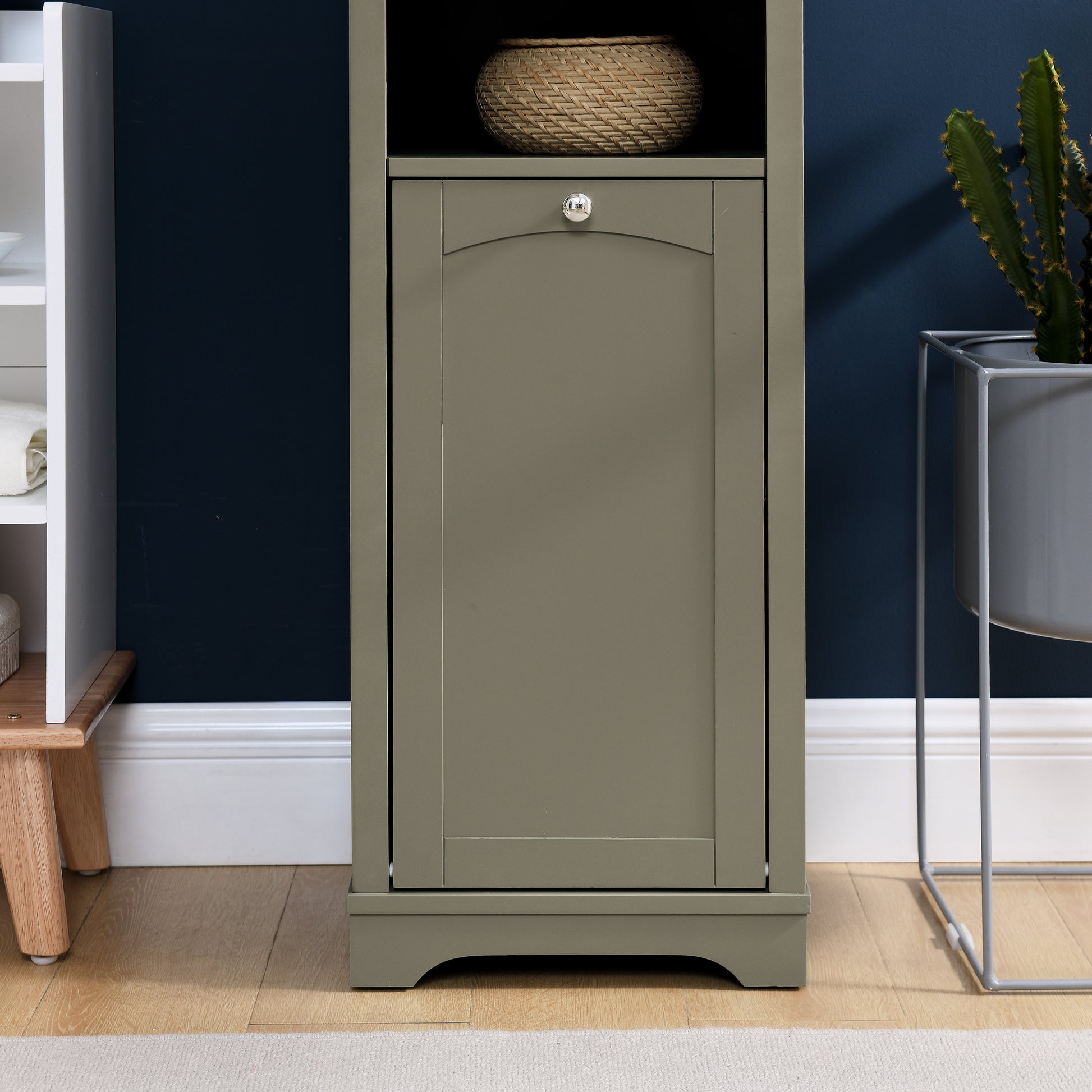 Slim 64-inch tall gray storage cabinet with four open shelves and built-in laundry hamper, ideal for bathrooms, kitchens, or small spaces