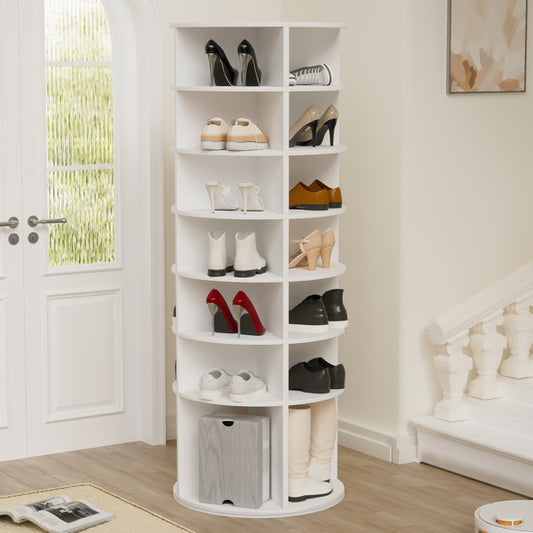 Tall 7-tier rotating shoe rack with compact lazy Susan design, space-saving vertical organizer for shoes, boots, and accessories, solid board construction in modern style