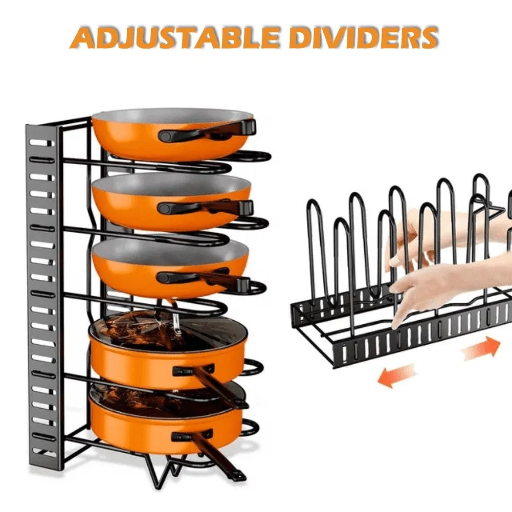 8-tier pot and pan organizer rack with lid holder, durable kitchen cabinet storage solution for cookware, space-saving vertical design