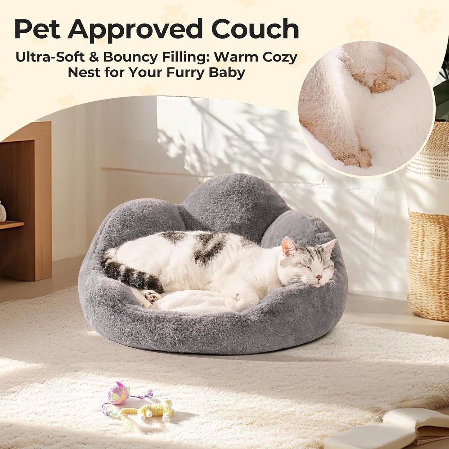 MEWOOFUN Washable Fluffy Cat & Small Dog Bed – Indoor Cat Couch with Non-Slip Bottom, Flower Design, Perfect for Puppies & Kittens (Grey)