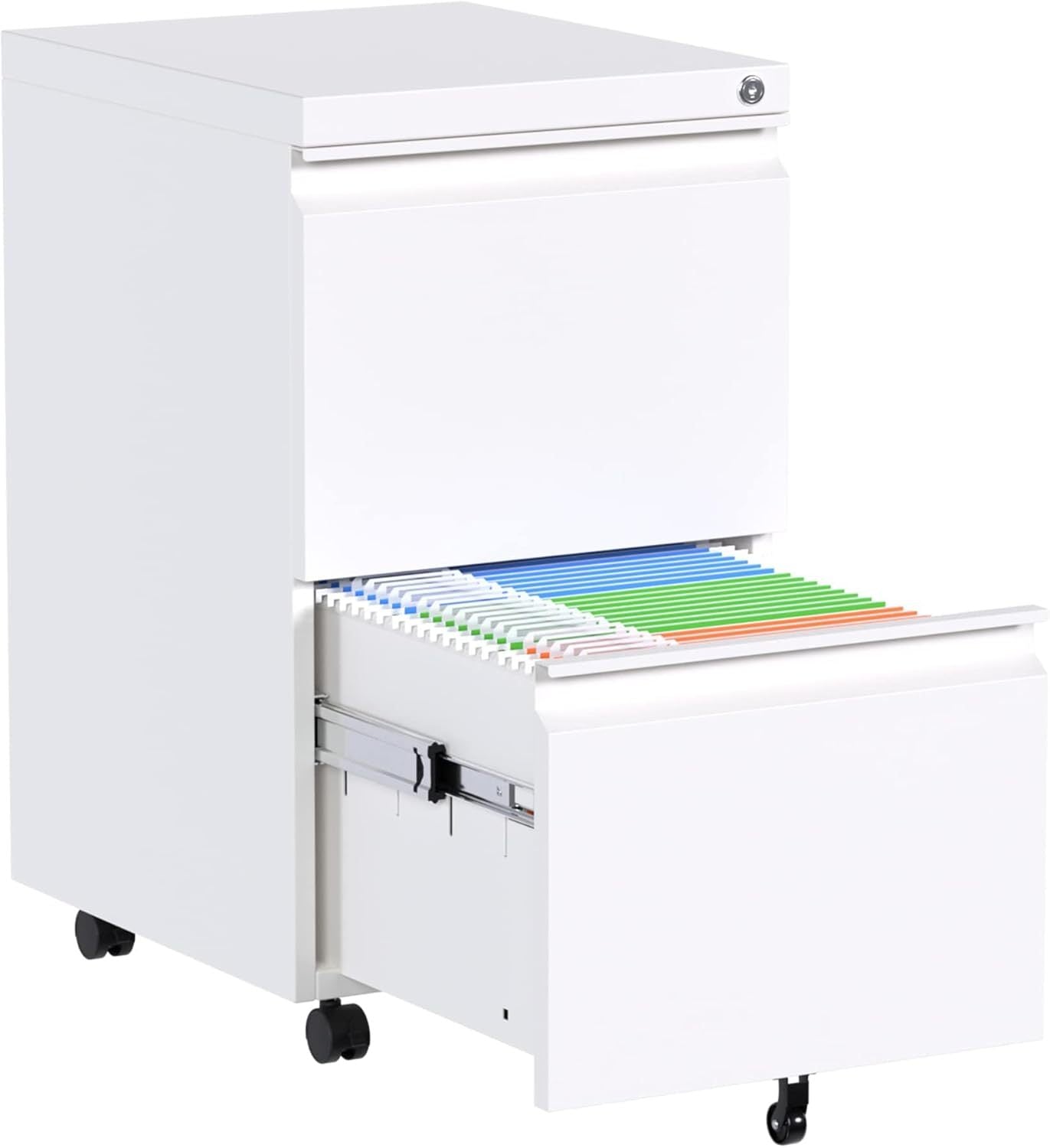 White metal 2-drawer office file cabinet by Aobabo with lock, hanging file storage for legal, letter, and A4 documents, fully assembled with wheels for under-desk use and enhanced mobility.