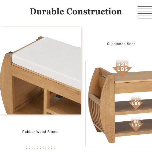 Retro multifunctional storage bench with cushioned seat, open shelves, and hidden compartment—wooden frame in modern design, ideal for entryway, hallway, or living room